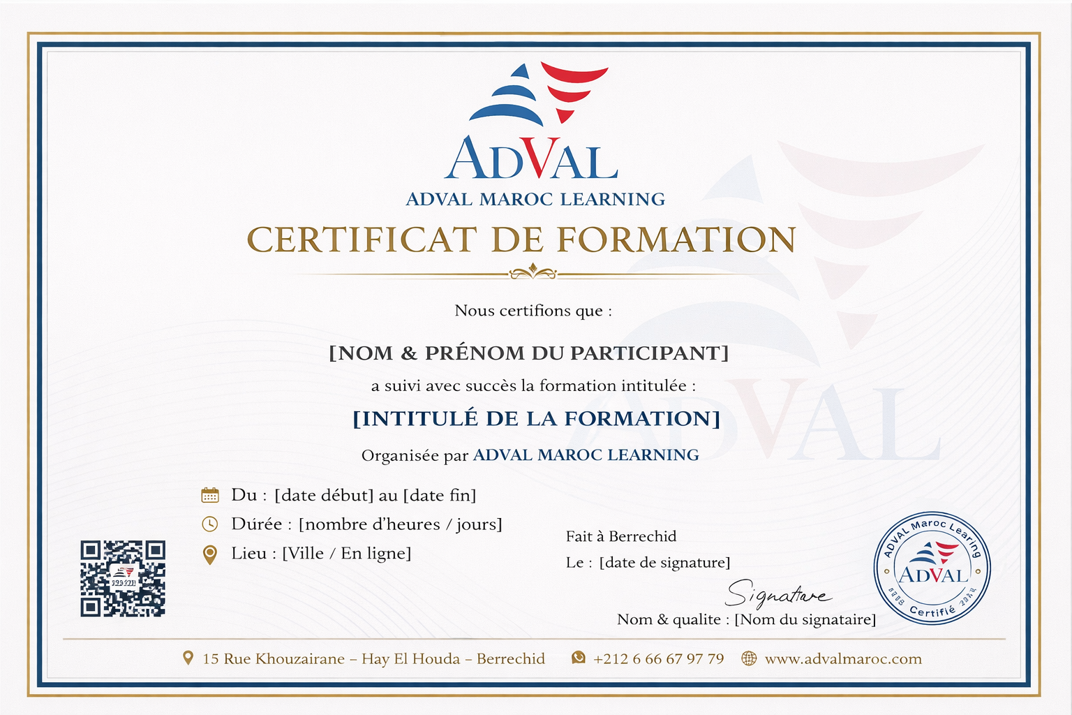 Attestation de formation ADVAL E-learning
